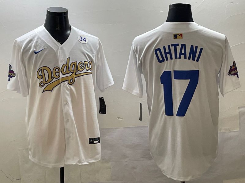Men Los Angeles Dodgers #17 Ohtani White Champion gold character 2025 Nike MLB Jersey style 33112